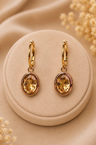 OSMANLI GÜMÜŞ Women's Earrings Copper Champagne Zircon Natural Stone Oval Mod...