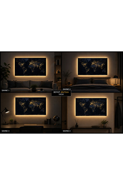 LuminaMap WM4672-NL | LED Arkadan Aydınlatmalı Dünya Haritası Tablo 46x72 cm – Şehir Işıkları (Night View)