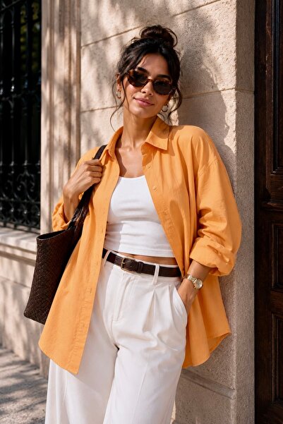 bb butik basic Women's Oversize Poplin Shirt Long Sleeve Basic Shirt Tr0735