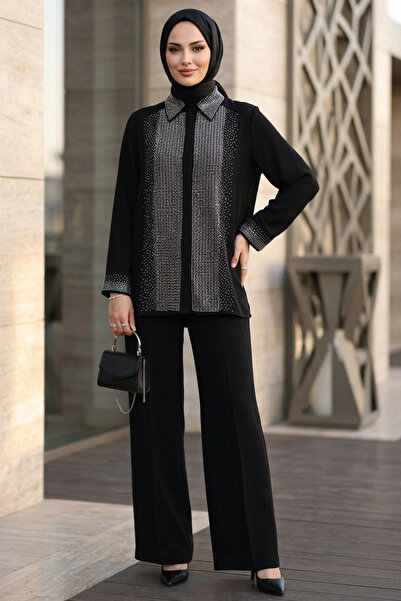 Neva Style Set dublu de hijab din crep negru brodat cu piatră, importat 95726S