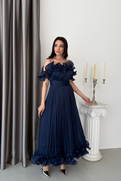 Serica Moda Lacivert Volanlı Askılı Fırfırlı Astarlı Şifon Abiye Elbise