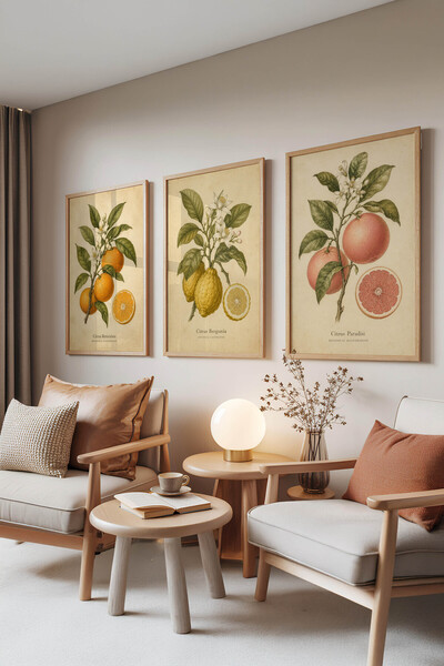 Zestia Set de 3 tablouri cu rame din lemn, Ilustrație botanică Grădina citric...