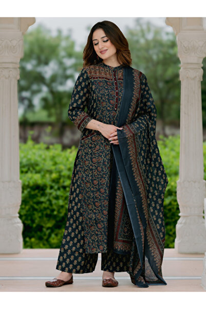 MYSMAR Blue Heavy Cotton Printed Kurta Palazzo Set - FFT8572 | Blue