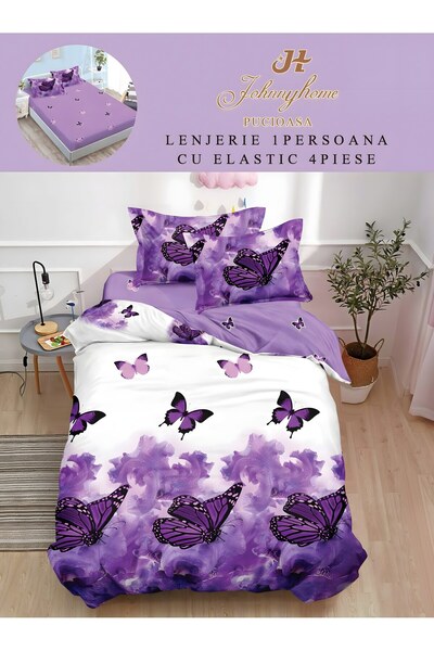naniland.ro Lenjerie de Pat 1 Persoană 4 Piese cu Elastic 155x200 cm, Model T...