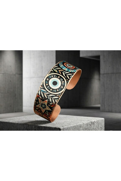 Erol Bakır Wide Adjustable Cuff Bracelet with Copper Evil Eye and Star Motifs