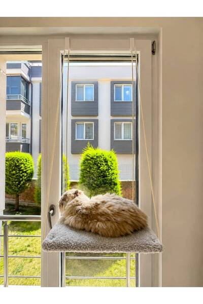 MTŞB Askılı Kedi Pencere Yatağı - Peluş Kumaşlı Cam Önü Kedi Hamak Yatağı