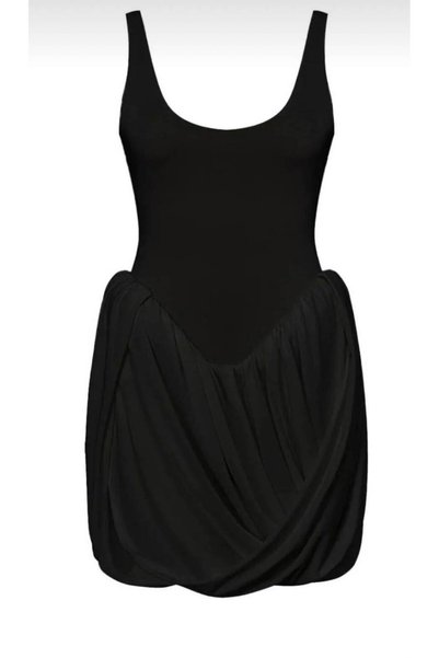 Pulchrani Black Thick-Strapped Balloon Mini Draped Dress with Inner Shorts, Stylish V-Cut Waist, and Comfortable Fit