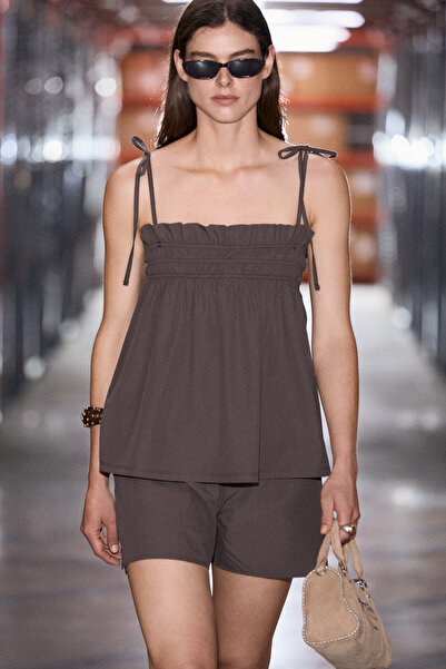 GRIMELANGE Arinade Women's 100% Organic Cotton Thin Strap Brown Top and Botto...