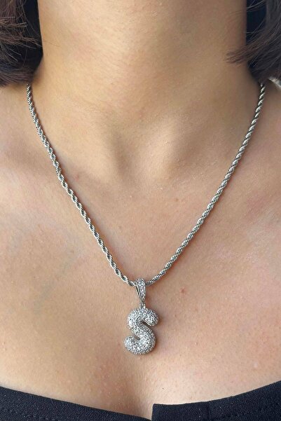 Haziran Accessory, Zircon Stone, Twisted Chain Balloon Letter, Silver Steel N...