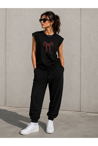 herkesemoda Zero Sleeve Crew Neck T-Shirt with Ribbon Print Detail