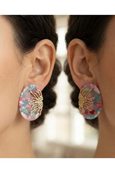 POYASE Color-Shifted Marble Patterned Gold Detailed Oval Earrings Modern Desi...