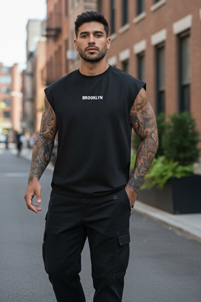 FS CABİN Black Cotton Printed Oversize Sports T-Shirt