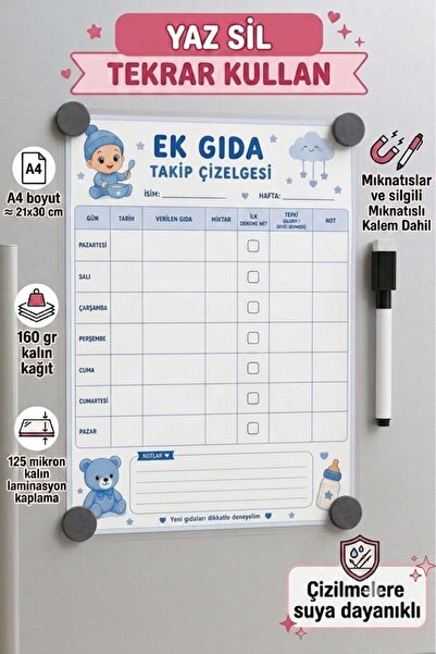 URDE Yaz Sil LAMİNASYON (PVC) Erkek Bebek Ek Gıda Takip Çizelgesi Mıknatıslı ...