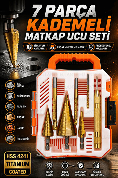 ellante 7 Parça Kademeli Matkap Ucu Seti Titanyum Kaplama HSS Sac Metal Ahşap...