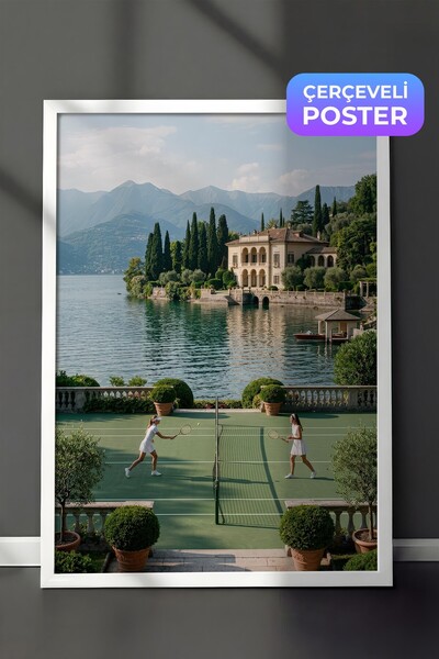 Postifull Tennis Court and Lake View Poster, White Framed Poster, Old Money S...