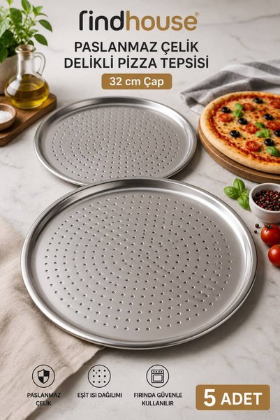 findhouse Stainless Steel 5-Piece 32cm Diameter Perforated Pizza Presentation...