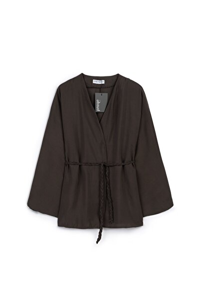praye Örgü Kemerli Kimono Kahverengi