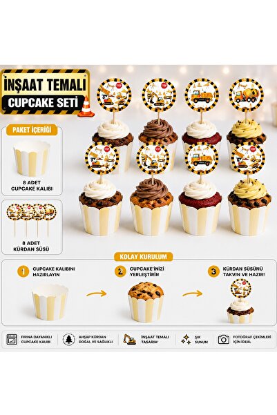 BKMC PARTY İnşaat Temalı Cupcake Seti 16 Parça – 8 Cupcake Kalıbı + 8 İş Maki...
