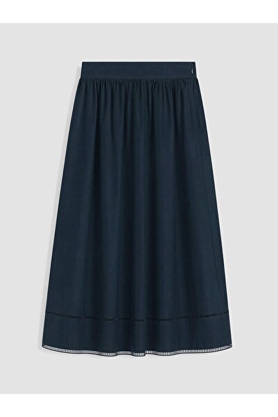 LC Waikiki Lcw Modest Navy Blue Flared Skirt with Zipper at the Waist and Emb...