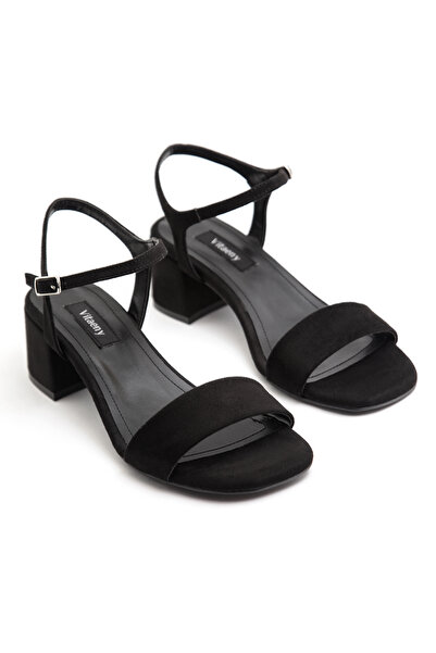 vitaeny Holly Women's Black Suede Single Strap Low Thick Heeled Sandals Shoes