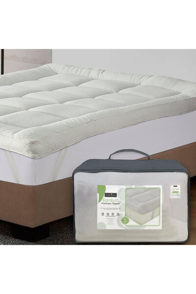 Siesta Zen Bamboo Mattress Topper 4" Thick 10cm Plush Fiber Fill, Box Quilted for Comfort, Breathable & Hypoallergenic, Elastic Straps Fit Up to 16" Mattress