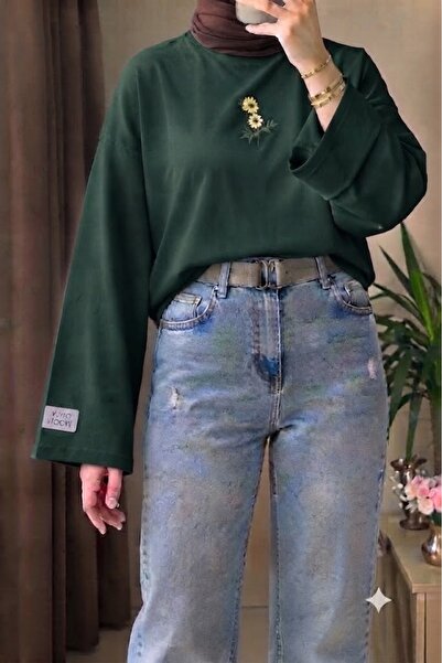 onlymoon Nakış Detaylı Geniş Kol Penye Tesettür Body Bluz Kadın Oversize Uzun...