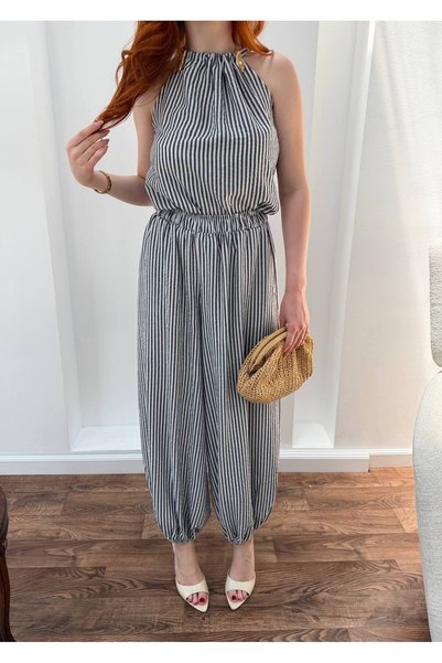 heree Women's Striped Halter Neck Two-Piece Set Casual Blouse Baggy Pants Summer Set