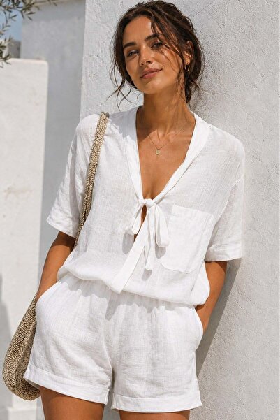 Madmext White Women's Shirt Shorts Set with Tie Detail Mg2864