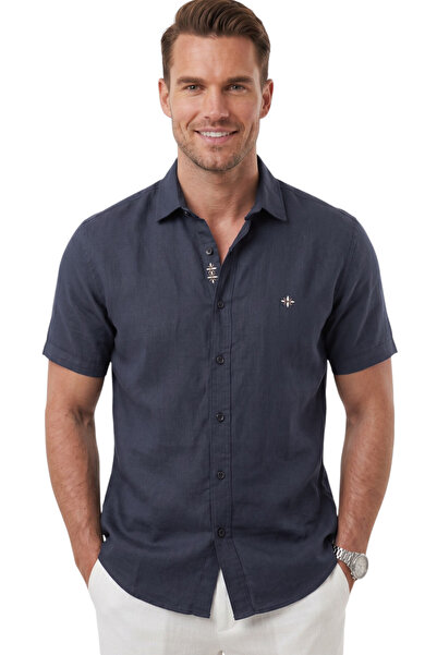 DeepSEA Navy Blue Flamed Linen Men's Shirt – Summer 100% Cotton Relaxed Fit 2...