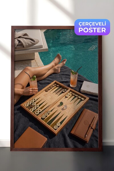 Postifull Poster cu peisaj cu tablă de joc și piscină, Poster înrămat maro, S...
