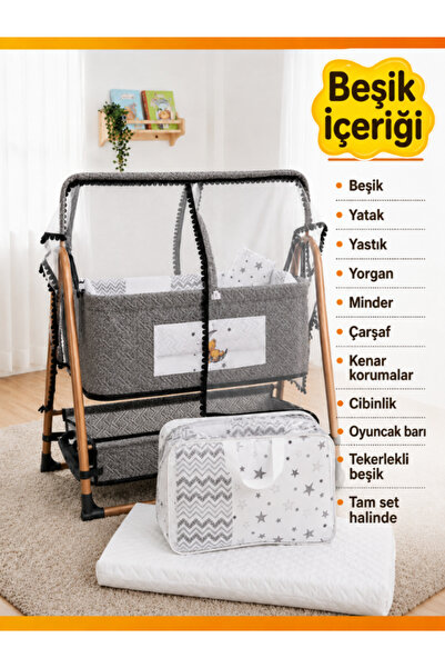 modabebekler Beşik Anne Yanı Sallanır Sabitlenir Uyku Setli Cibinlikli Tekerl...