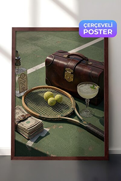 Postifull Poster cu rachetă de tenis și cocktail, poster înrămat maro, seria ...