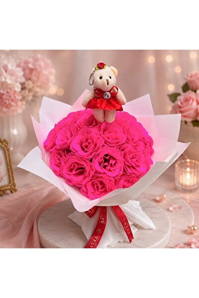 velve Buchet Pink Sparkle cu 25 trandafiri artizanali fucsia cu sclipici si u...