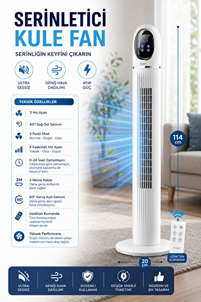 Bood 114 cm Kule Vantilatör 45W | Uzaktan Kumandalı | 24 Saat Zamanlayıcı | 3...