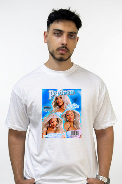 Anetos تي شيرت أبيض كبير الحجم مطبوع بتصميم Cardi B_54