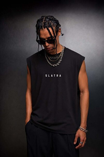 Slatra Men's Black Basic Zero Sleeve Oversize Undershirt