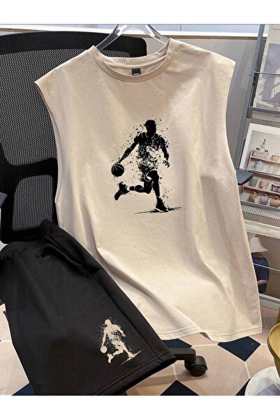 FS CABİN Basketball Logo T-Shirt Shorts - Beige Bottom Top Team Shorts T-Shir...