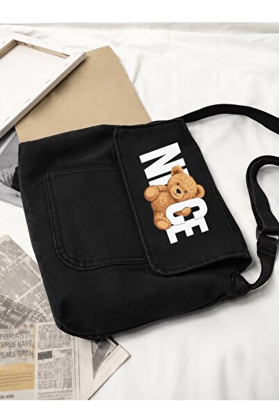 Minga London Geantă neagră din denim cu imprimeu Nice Teddy Bear