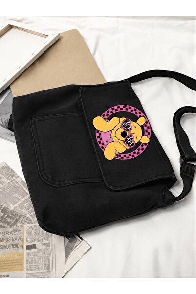 Minga London Black Winnie the Pooh Printed Denim Messenger Bag