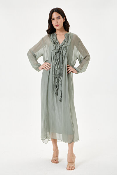 della moor Khaki Italian Collar Ruffled Half Placket Buttoned Collar Lined Lo...