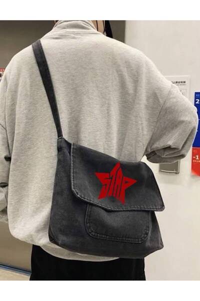 Minga London Black Star Printed Denim Messenger Bag