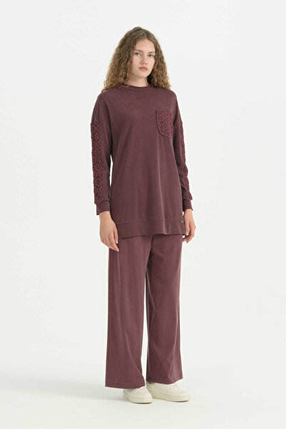 Nihan Brode Fabric Mixed Accessory Detailed Pants Lyocell Set - Plum