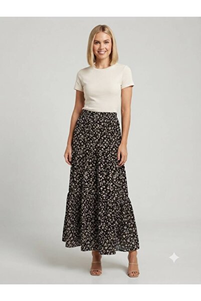 520CK Women's Black Floral Patterned Skirt with Ruffles - Long Skirt - Hijab ...