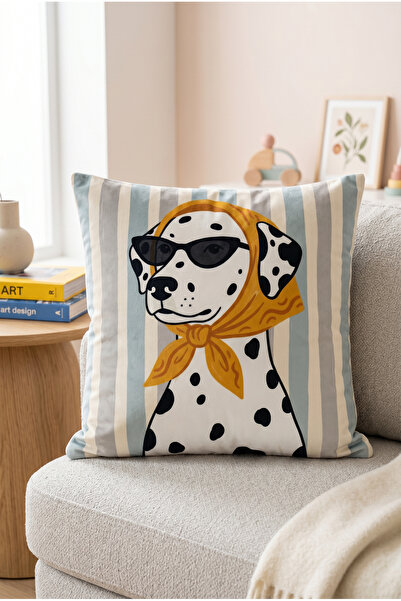 Artvibe Vintage Dalmatian Dog Patterned Blue Summer Themed Throw Pillow Cover