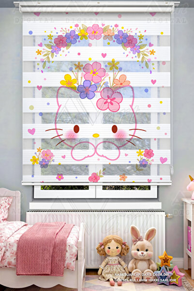 Avart Digital Çiçekli Sevimli Kedi Desenli Dijital Baskılı Çocuk Odası Perdes...
