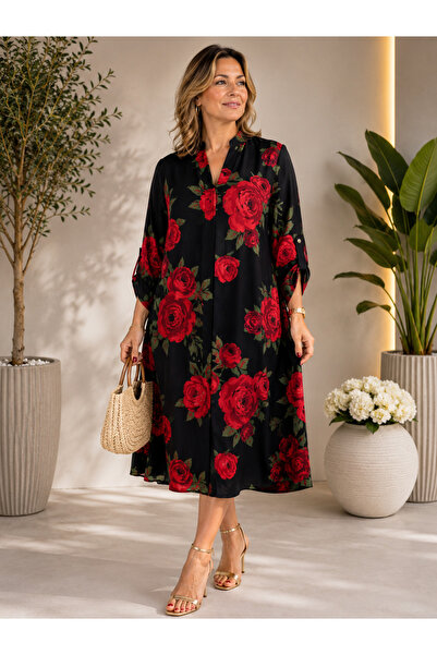 MENSAR OTANTİK Pleated front viscose dress with rose detailing. standard size...