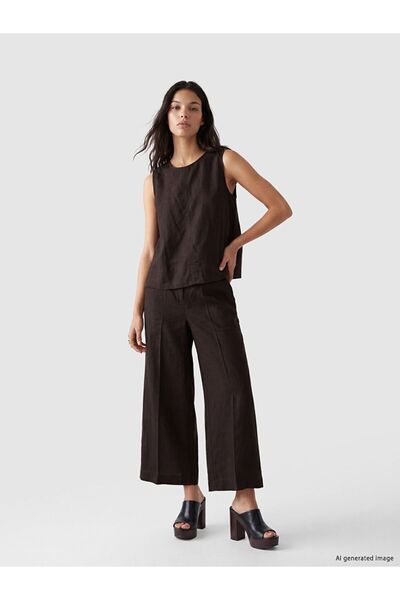 LC Waikiki Lcw Vision Brown 100% Linen Women's Trousers with Elastic Waist