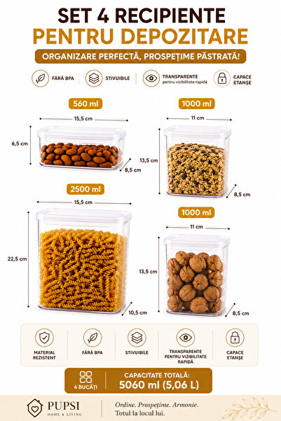 PUPSI Set 4 Recipiente Etanșe pentru Depozitare Alimente, 560 ml, 2 x 1000 ml...