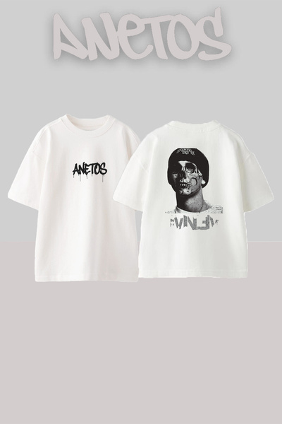 Anetos Λευκό μπλουζάκι με σχέδιο Street Skull, τυπωμένο Unisex Oversize