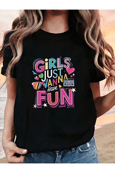 STITCHLY تي شيرت مطبوع عليه Just Wanna Have Fun، قميص كاجوال بأكمام قصيرة ويا...